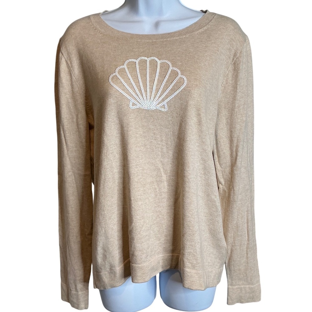 J Crew Womens Teddie Sweater Size L  Beige Sequin Shell Beach‎ Coastal Neutral